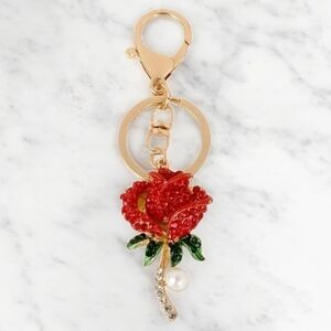 Elegant Red Rose Rhinestone Purse Charm and Key Holder